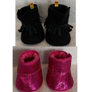 Lot of 2 Build a Bear Boots a Fuchsia Glitter Sequins and a Black Fringe Suede